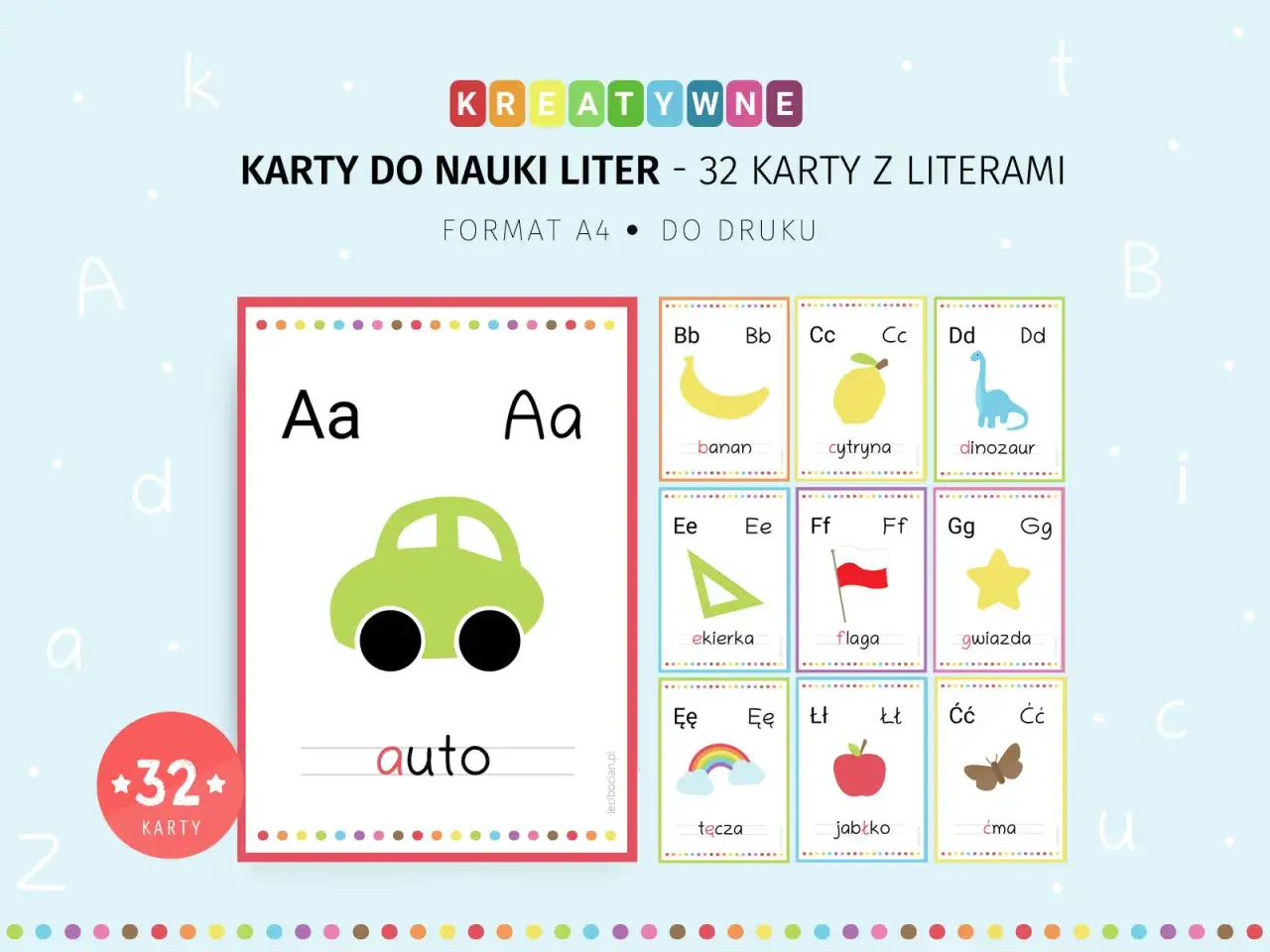 Kreatywne karty do nauki liter: auto, banan, cytryna, dinozaur, ekierka, flaga, gwiazda, tęcza, jabłko, ćma.