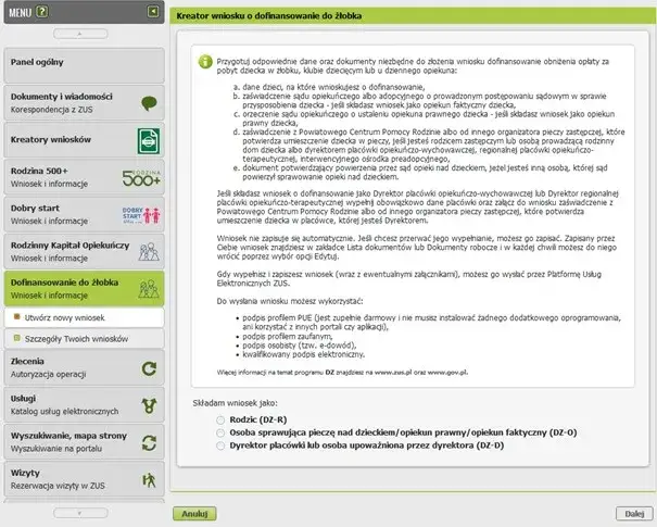 rodzic wypełnia wniosek ZUS o żłobkowe