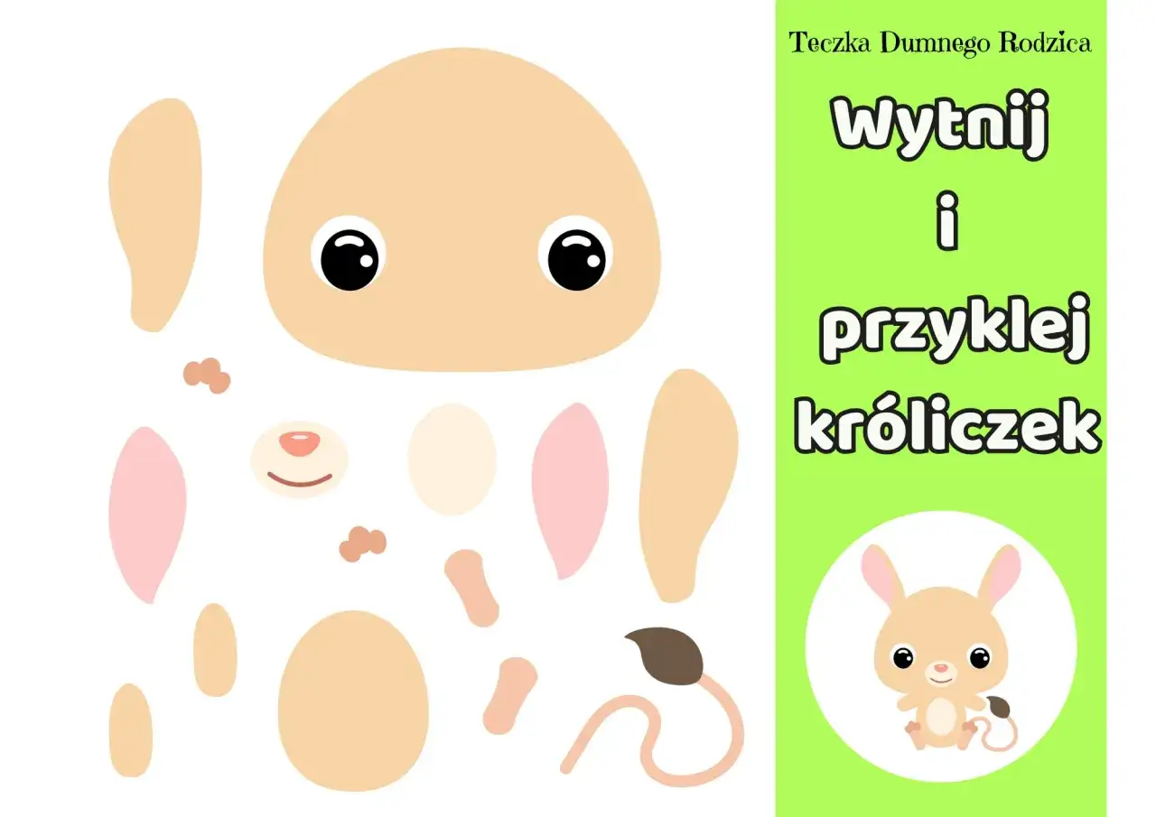 Karta pracy do nauki wycinania i przyklejania elementów królika. Zestaw zawiera części do złożenia uroczego uszatego przyjaciela.