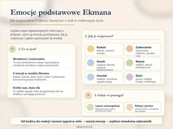 Mapa emocji podstawowych Ekmana: radość, smutek, złość, strach, wstręt, zaskoczenie. Rozpoznaj je i wykorzystaj w życiu.