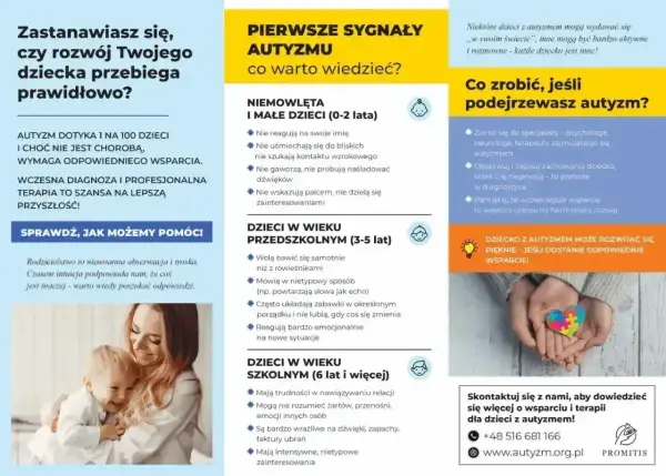 Plakat informuje o pierwszych sygnałach spektrum autyzmu u dzieci w różnym wieku i zachęca do szukania wsparcia.